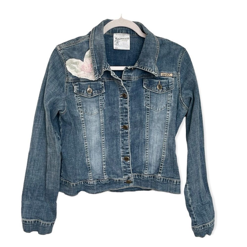 Vintage Upcycled Cottage Core Shabby Chic Denim Cropped Denim Jean Jacket Sz M